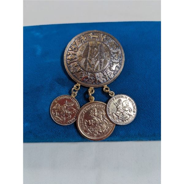 VINTAGE BROOCH W/ 3 COIN TASSELS