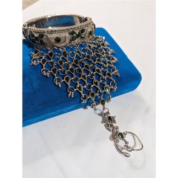 RING CONNECTED W/ GREEN RHINESTONES BANGLE