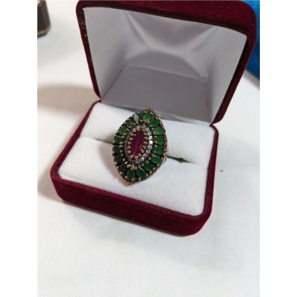 925 STERLING SILVER/ BRONZE TURKISH RING, SET W/ RUBY EMERALDS AND WHITE SAPPHIRE STONES