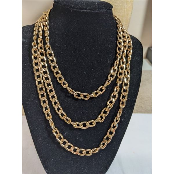 HEAVY AND EXTRA LENGTH GOLD PLATED LINKS CHAIN NECKLACE, OVER 50" LENGTH, DOUBLE LOBSTER CLASP
