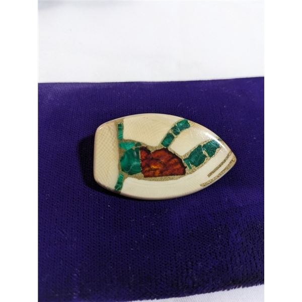 MAMMOTH IVORY BROOCH INLAID W/ GOLD DUST AMBER AND GREEN MALACHITE STONES