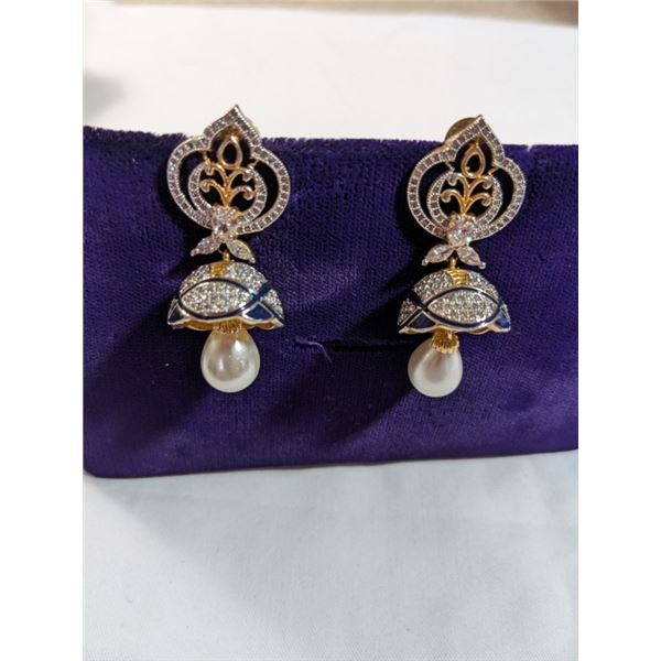 PAIR OF GOLD GUILDED W/ TINY CRYSTAL STONES DANGLE EARRINGS