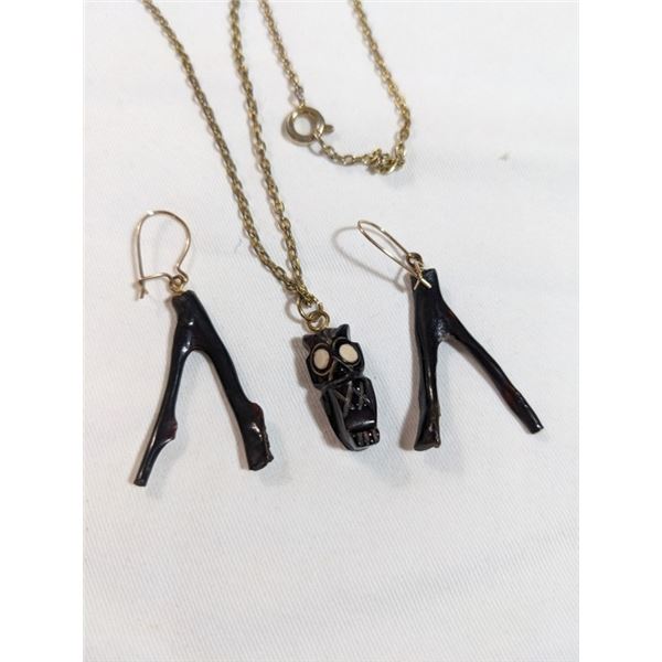 HAND CARVED BLACK CORAL OWL PENDANT W/ CHAIN NECKLACE AND PAIR OF BLACK CORAL BRANCH EARRINGS