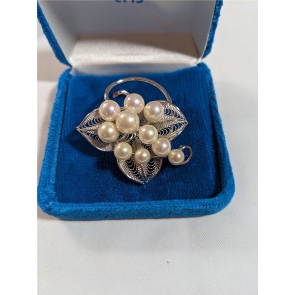 SILVER FILIGREE W/ GENUINE PEARLS BROOCH UNMARKED