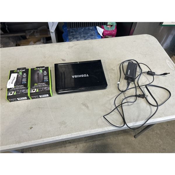 TOSHIBA MINI LAPTOP WITH CHARGER AND 2 RE-FUEL CHARGERS FOR HERO 4 BATTERIES