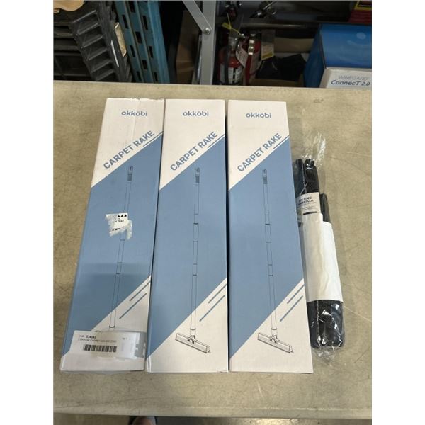 3 OKKOBI CARPET RAKES AND ZENO FOLDING UMBRELLA