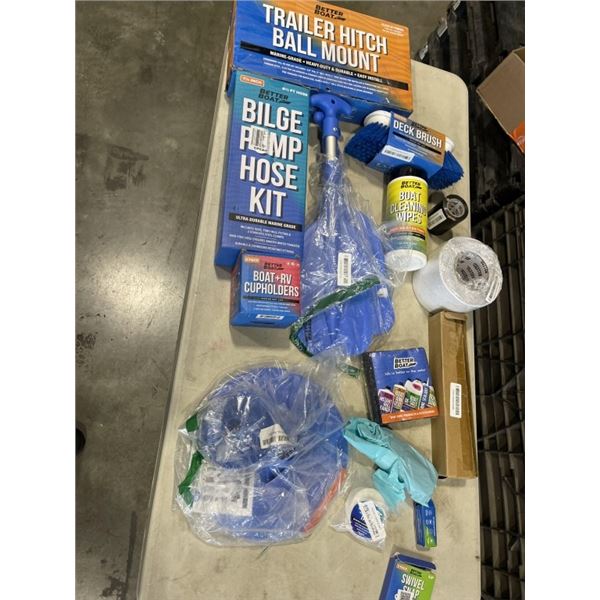 TRAY OF BETTER BOAT ITEMS INCLUDING TRAILER HITCH BALL MOUNT, BILGE PUMP HOSE KIT, DECK BRUSH, BOAT 