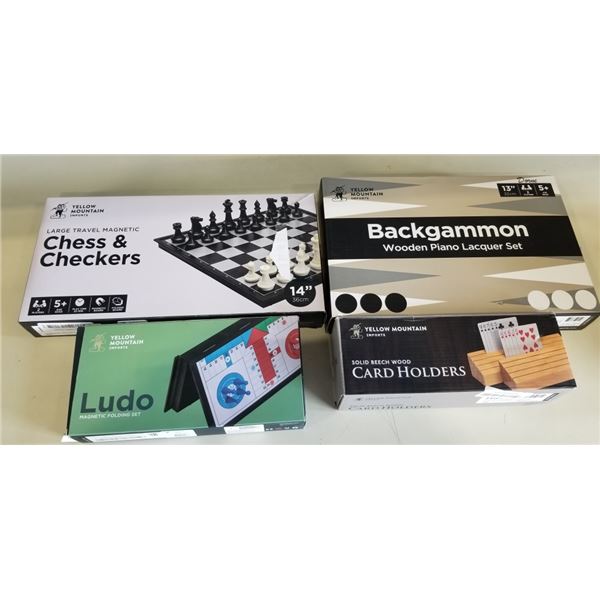 YELLOW MOUNTAIN GAMES INCLUDING BACKGAMMON WOODEN INLAID SET, CHESS & CHECKERS SET, FOLDING MAGNETIC