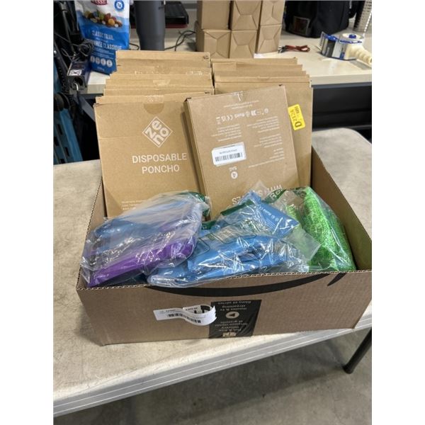 TRAY OF DISPOSABLE PONCHOS. APPROX 25 PACKAGES OF 4 PONCHOS