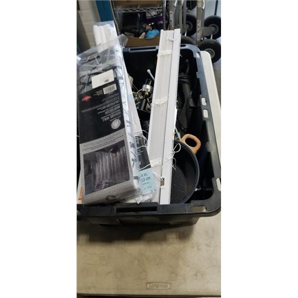 PLASTIC TOTE OF HOME DECOR INCLUDING MAINSTAY SHADES, HOMETRENDS PREPASTED WALLPAPER, POT, TABLE LAM