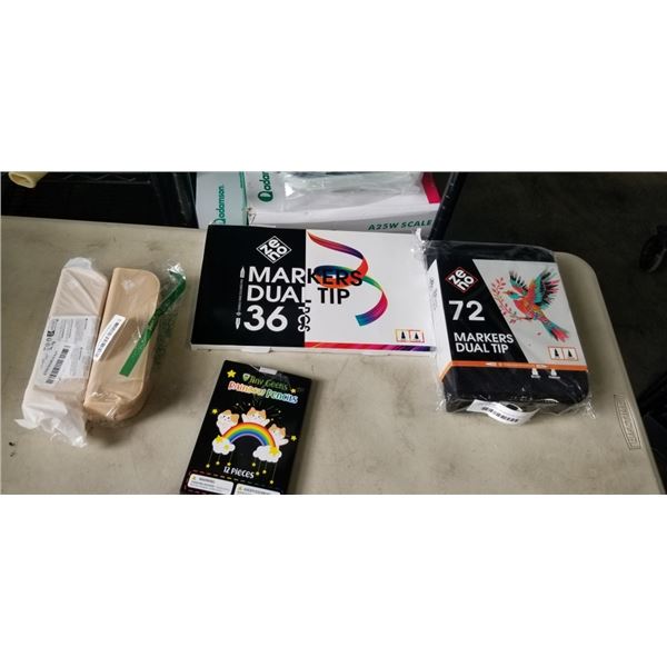 ZENO 72 PC DUAL TIP MARKERS, ZENO 36 DUAL TIP MARKERS, TINY GEEKS RAINBOW PENCILS, AND 2 ZENO PENCIL