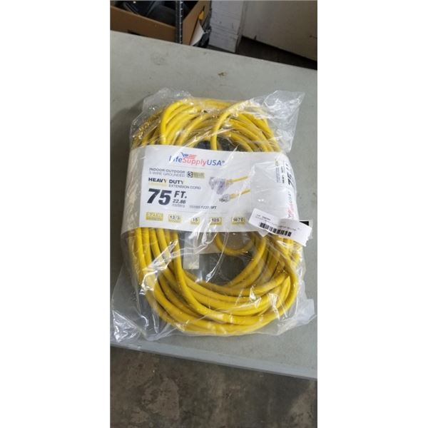 75 FOOT HEAVY DUTY LIGHTED YELLOW EXTENSION CORD. 12AWG/3C