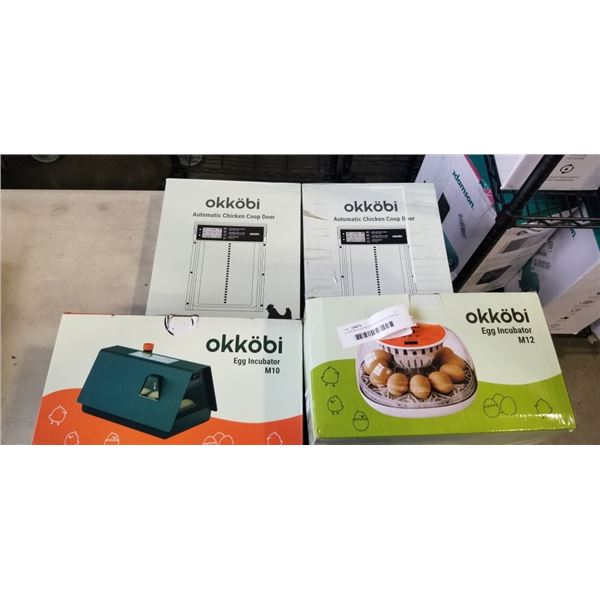 2 OKKOBI EGG INCUBATORS MODELS M10 & M12, AND 2 OKKOBI CHICKEN COOP DOORS
