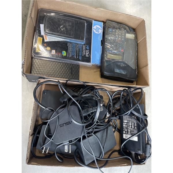 2 TRAYS OF LAPTOP CHARGERS AND CALCULATORS