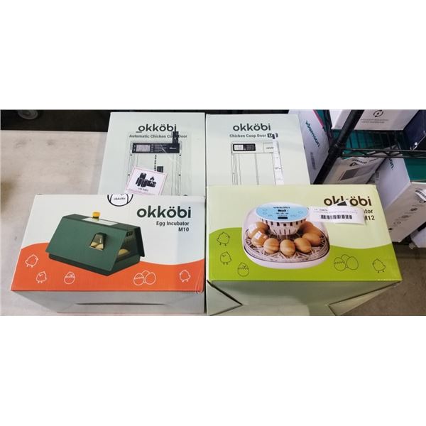 2 OKKOBI EGG INCUBATORS MODELS M10 & M12, AND 2 OKKOBI CHICKEN COOP DOORS