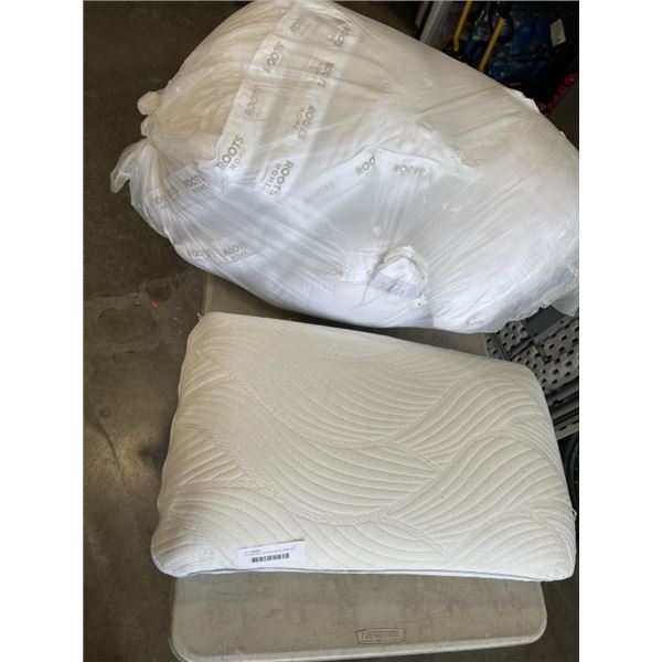 2 AS NEW ROOTS KING SIZE PILLOWS AND STANDARD SIZE MEMORY FOAM PILLOW