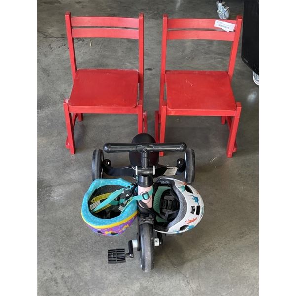 CHILDRENS TRIKE BIKE W/ HELMETS AND 2 KIDS CHAIRS