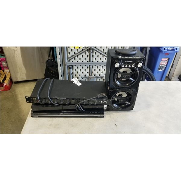 DISCO DM 103 DISCO RACK MIXER, LG BLUE RAY PLAYER, TOSHIBA DVD PLAYER AND SYLVANNIA SPEAKER