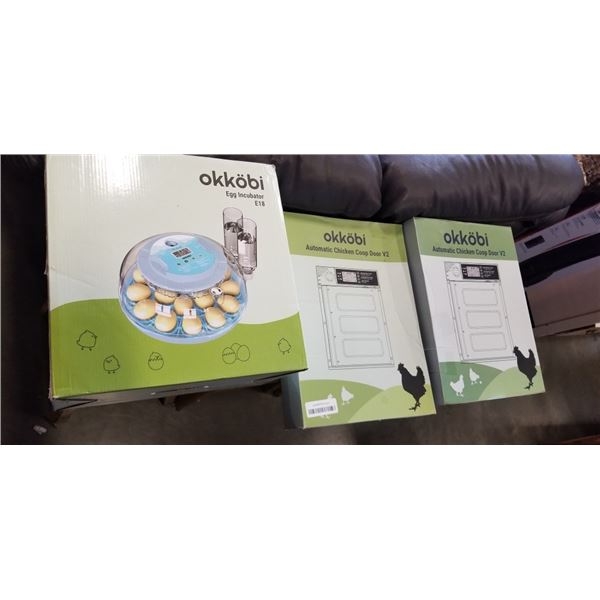 OKKOBI EGG INCUBATOR MODEL E18 AND 2 OKKOBI AUTOMATIC CHICKEN DOORS MODEL V2
