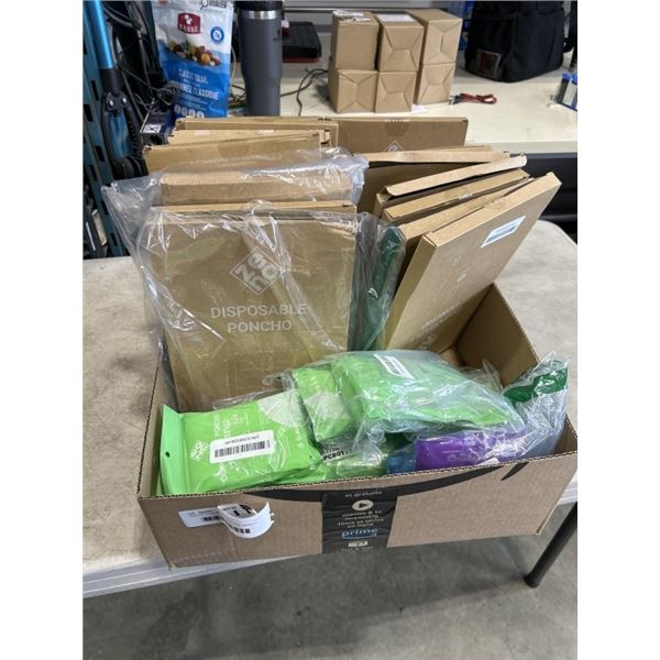 TRAY OF DISPOSABLE PONCHOS. APPROX 25 PACKAGES OF 4 PONCHOS