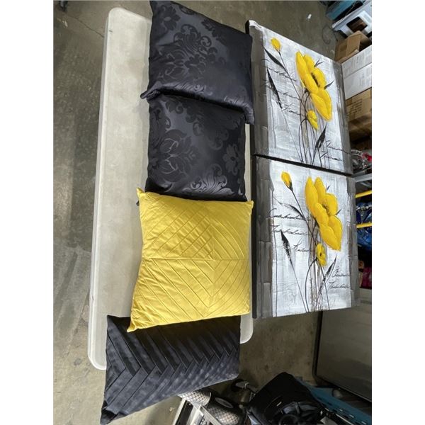 LOT OF THROW PILLOWS W/ MATCHING CANVAS ART