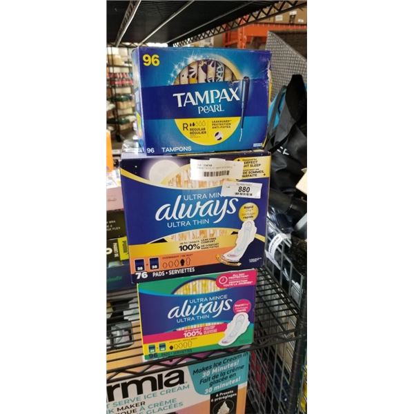 3 NEW PACKS OF TAMPAX AND ALWAYS PADS AND TAMPONS