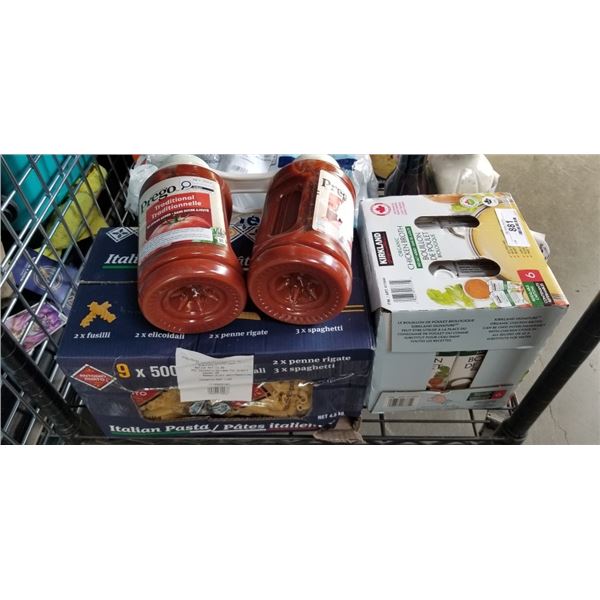 CASE OF ITALIAN PASTA NOODLES VARIETY, 2 PREGO PASTA SAUCE AND CASE OF CHICKEN BROTH