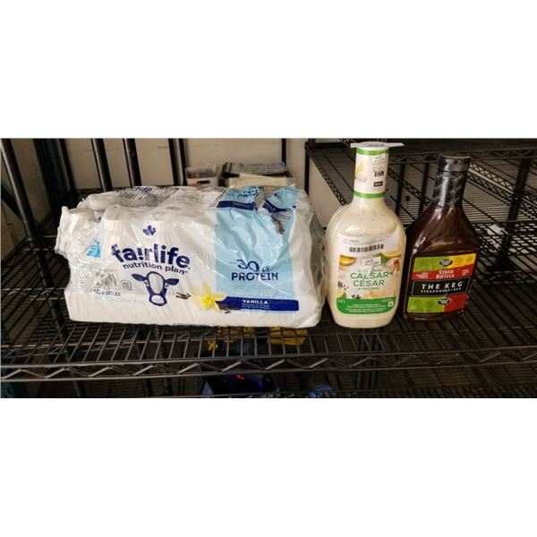 PARTIAL CASE OF FAIRLIFE PROTEIN SHAKES AND THE KEG STEAK SAUCE AND 1.4L CEASAR DRESING
