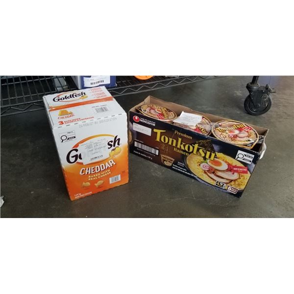 PARTIAL CASE OF TOMKOTSU RAMEN BOWLS AND CASE OF GOLDFISH CRACKERS 1.64KG