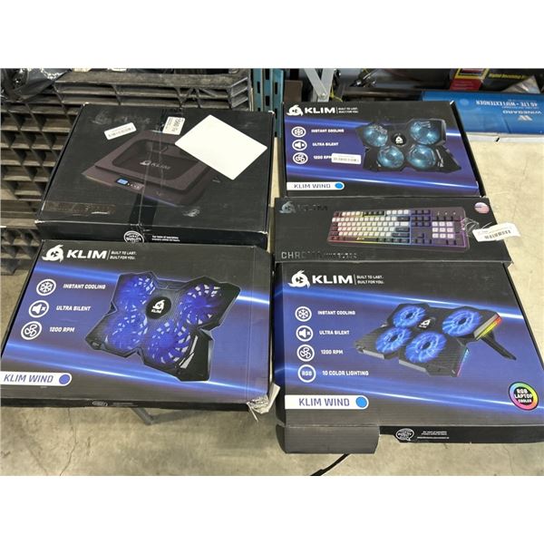 3 KLIM WIND LAPTOP COOLING PADS, KLIM MINSTRAL LAPTOP COOLING PAD, AND KLIM CHROMA KEYBOARD
