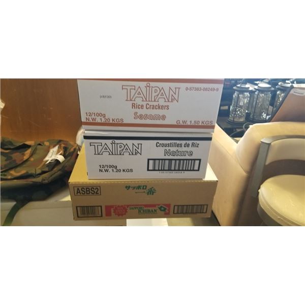 2 CASES OF TAIPAN RICE CRACKERS AND CASE OF ICHIBAN SOYA SAUCE NOODLES