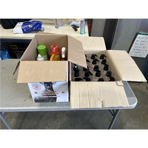 ASSORTED CLEANING SUPPLY AND CASE OF HAND SANITIZER IN PUMP BOTTLES