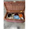 Image 2 : WICKER TRUNK FULL OF ANTIQUE & COLLECTABLE POTTERY, VASES AND SERVING ITEMS