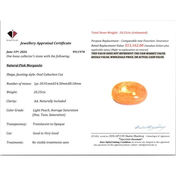 20.25 CT CERTIFIED PINK MORGANITE GEMSTONE ($13,162 APPRAISAL)