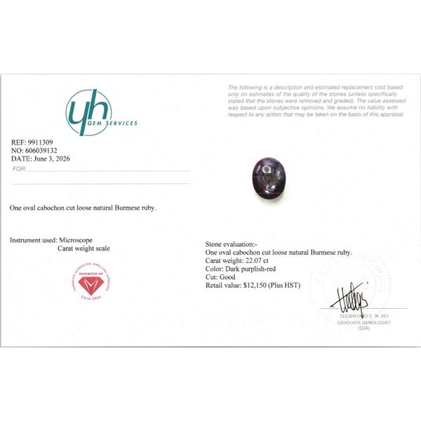 22.07 CT CERTIFIED BURMESE STAR RUBY GEMSTONE ($12,150 APPRAISAL)