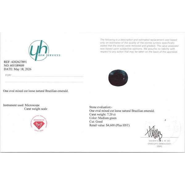7.2 CT CERTIFIED MEDIUM GREEN EMERALD GEMSTONE ($4,600 APPRAISAL)