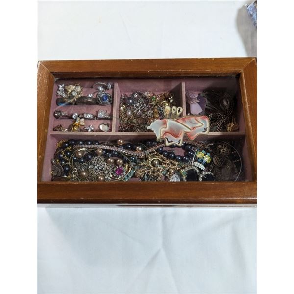 WOOD JEWELRY BOX W/ CONTENTS