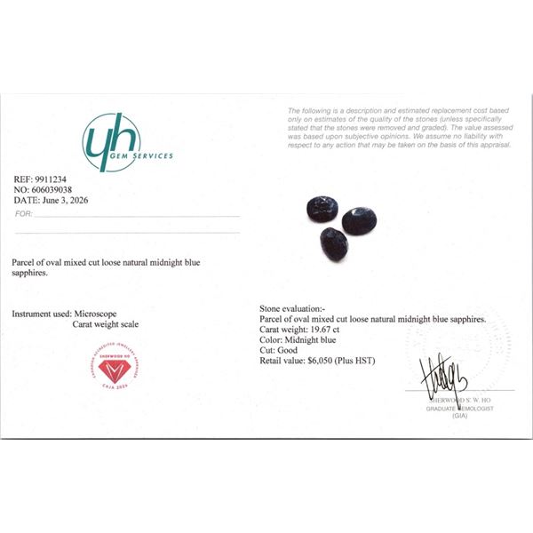 19.67 CT CERTIFIED MIDNIGHT BLUE SAPPHIRE GEMSTONE PARCEL ($6,050 APPRAISAL)
