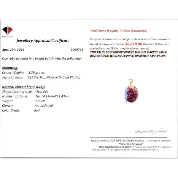 3.3 CT CERTIFIED SILVER RUBY GEMSTONE PENDANT ($6,018 APPRAISAL)