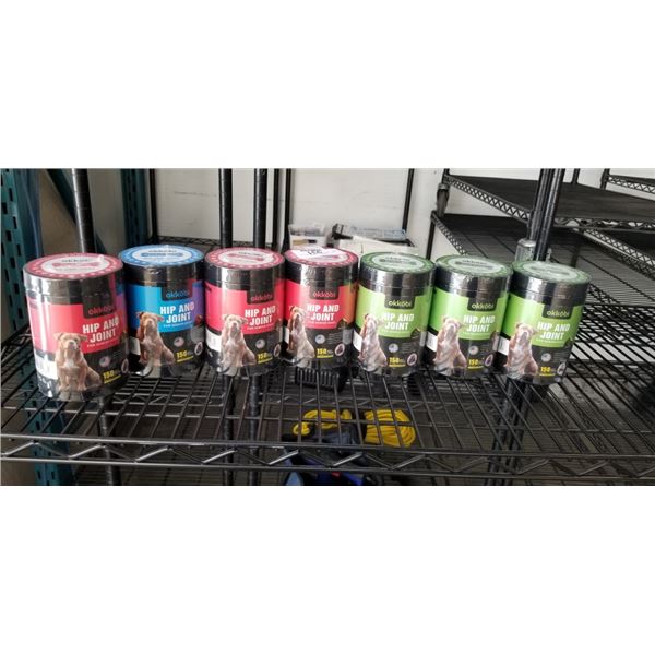 7 NEW TUBS OF OKKOBI HIP AND JOINT SOFT CHEWS, ASSORTED FLAVOURS 150 PER TUB, EXP OCT/2027