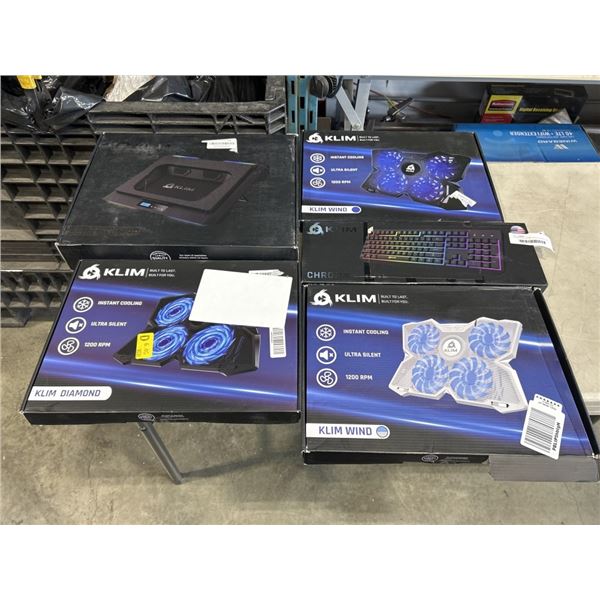 3 KLIM WIND LAPTOP COOLING PADS, KLIM MINSTRAL LAPTOP COOLING PAD, AND KLIM CHROMA KEYBOARD