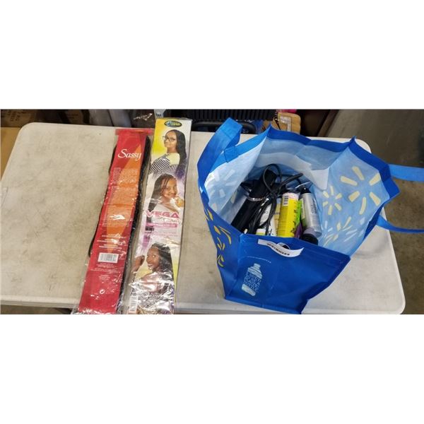 BAG OF HAIR SUPPLIES INCLUDING BLOW DRYER, HAIR PRODUCTS ETC