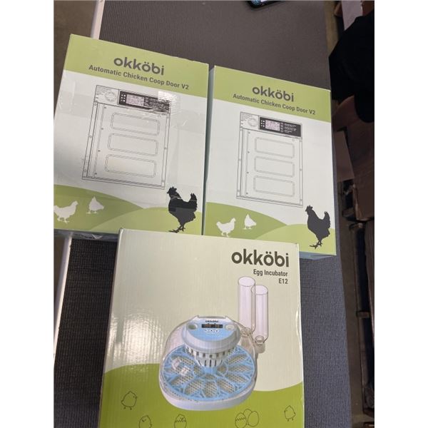 OKKOBI EGG INCUBATOR MODEL E12 AND 2 OKKOBI AUTOMATIC CHICKEN DOORS MODEL V2