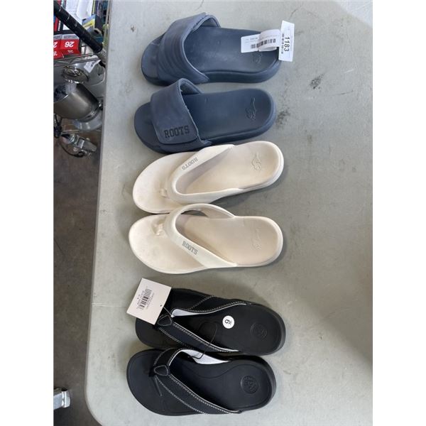 NEW PAIR BODY GLOVE SANDLES SIZE 9 US, AND 2 PAIRS OF ROOTS SANDLES. SIZES 8 AND 11