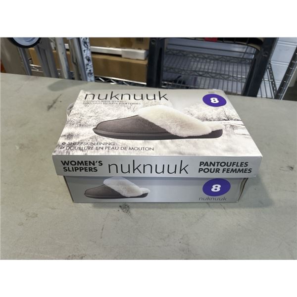 AS NEW NUKNUUK WOMENS SUEDE SLIPPERS. SIZE 6 US