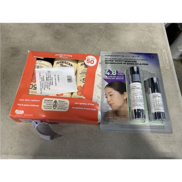 HAWAIIAN TROPIC 50 SPF SUNSCREEN 3 PACK AND NEW VT REEDLE SHOT 100