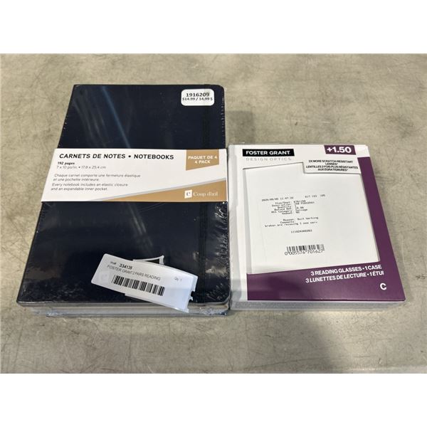 FOSTER GRANT 2 PAIRS READING GLASSES, AND 4 PACK NOTEBOOKS