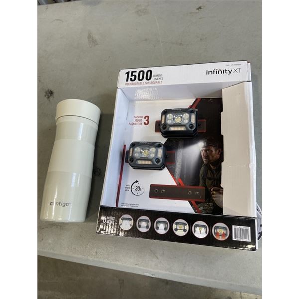 2 AS NEW INFINITY X1 RECHARGEABLE HEADLAMPS AND CONTIGO HOT AND COLD MUG
