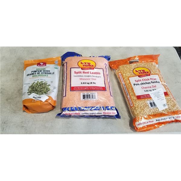 BAG OF VERKA SPLIT RED LENTILS (3.63  KG), AND BAG OF VERKA SPLIT CHICK PEAS (3.63KG) AND BAG OF BAS