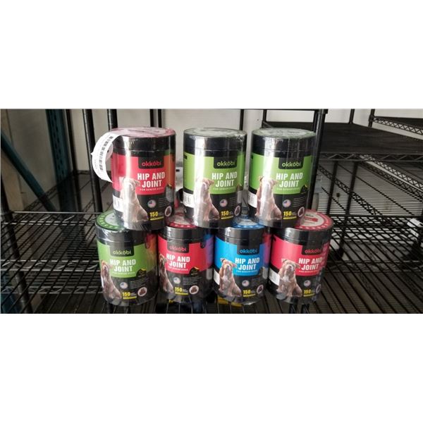 7 NEW TUBS OF OKKOBI HIP AND JOINT SOFT CHEWS, ASSORTED FLAVOURS 150 PER TUB, EXP OCT/2027